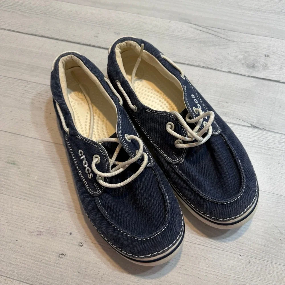 Crocs Hover Boat Shoe Nautical Navy Blue Canvas Lace Up Loafers Slip On Womens 9